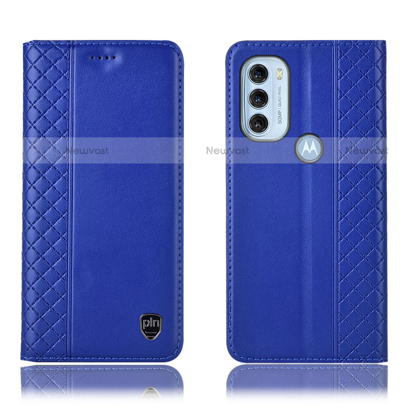 Leather Case Stands Flip Cover Holder H10P for Motorola Moto G71 5G Blue