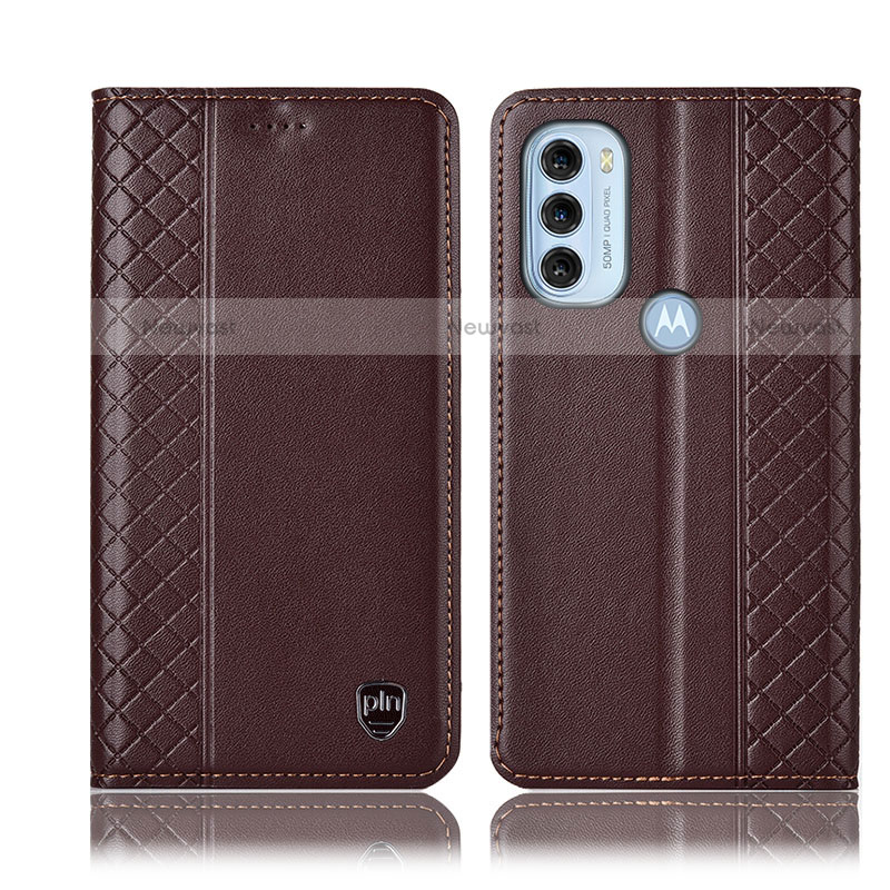 Leather Case Stands Flip Cover Holder H10P for Motorola Moto G71 5G Brown