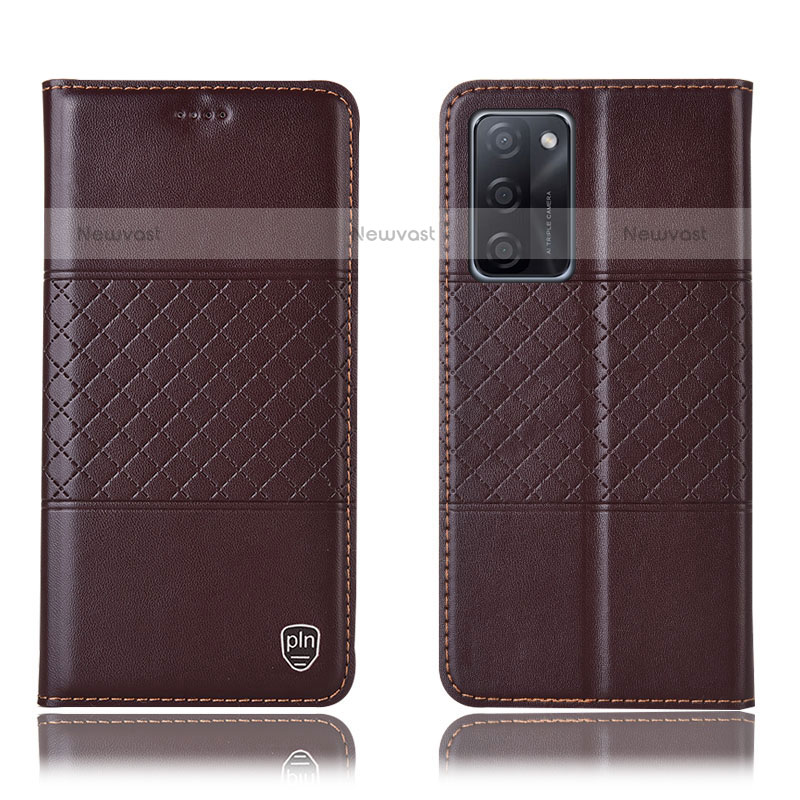 Leather Case Stands Flip Cover Holder H10P for Oppo A55S 5G Brown
