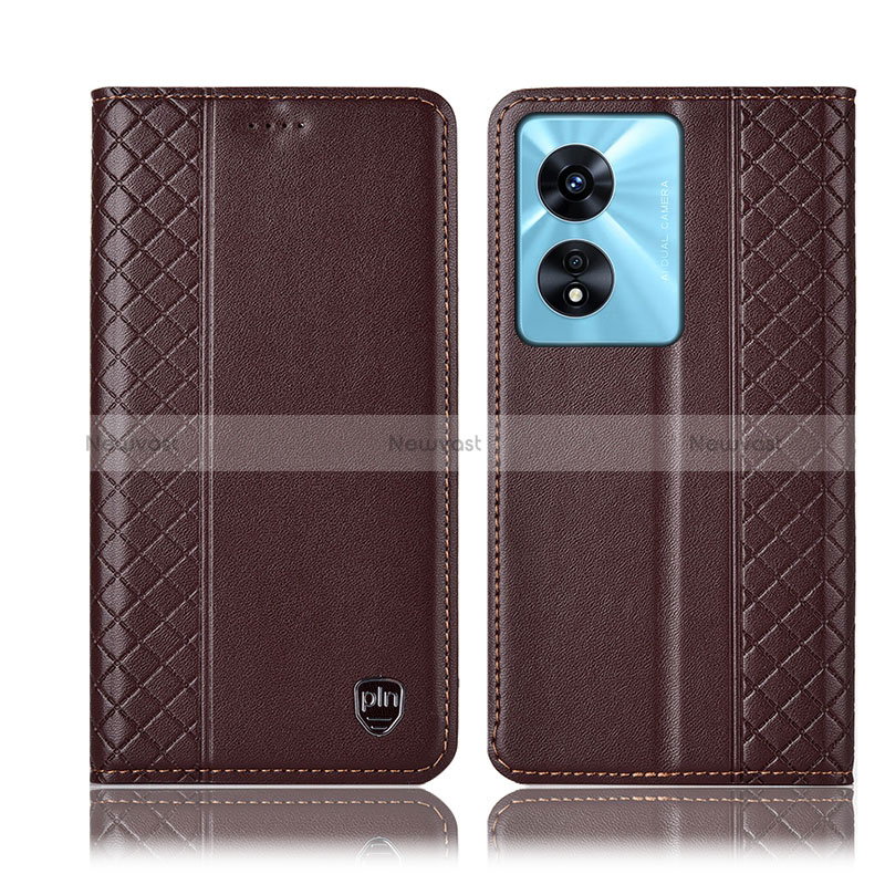 Leather Case Stands Flip Cover Holder H10P for Oppo A78 5G Brown