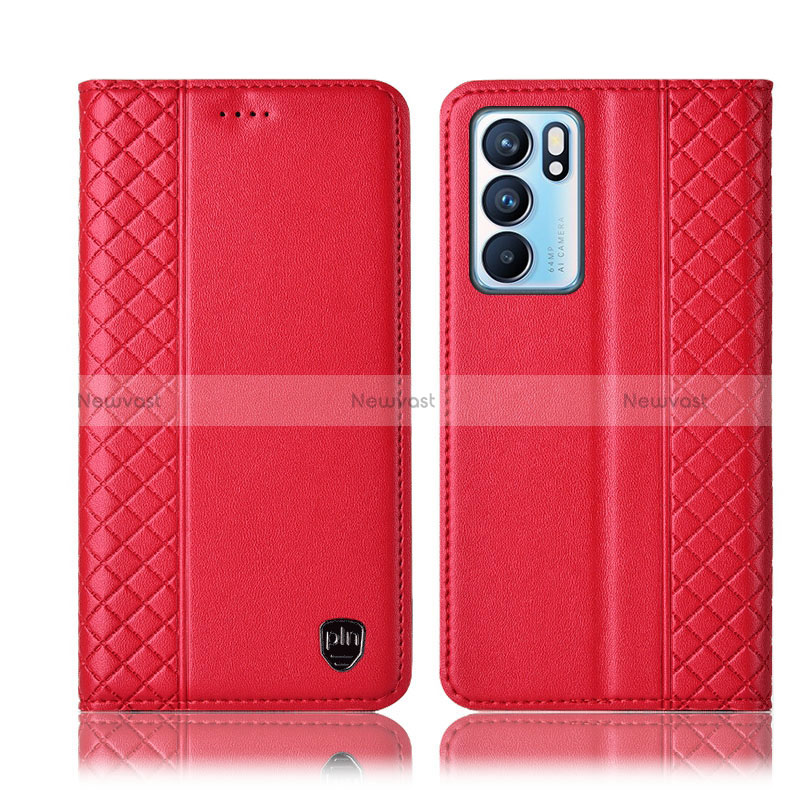 Leather Case Stands Flip Cover Holder H10P for Oppo Reno6 5G Red