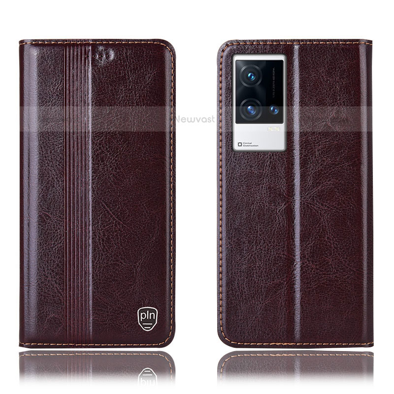 Leather Case Stands Flip Cover Holder H10P for Vivo iQOO 8 Pro 5G Brown