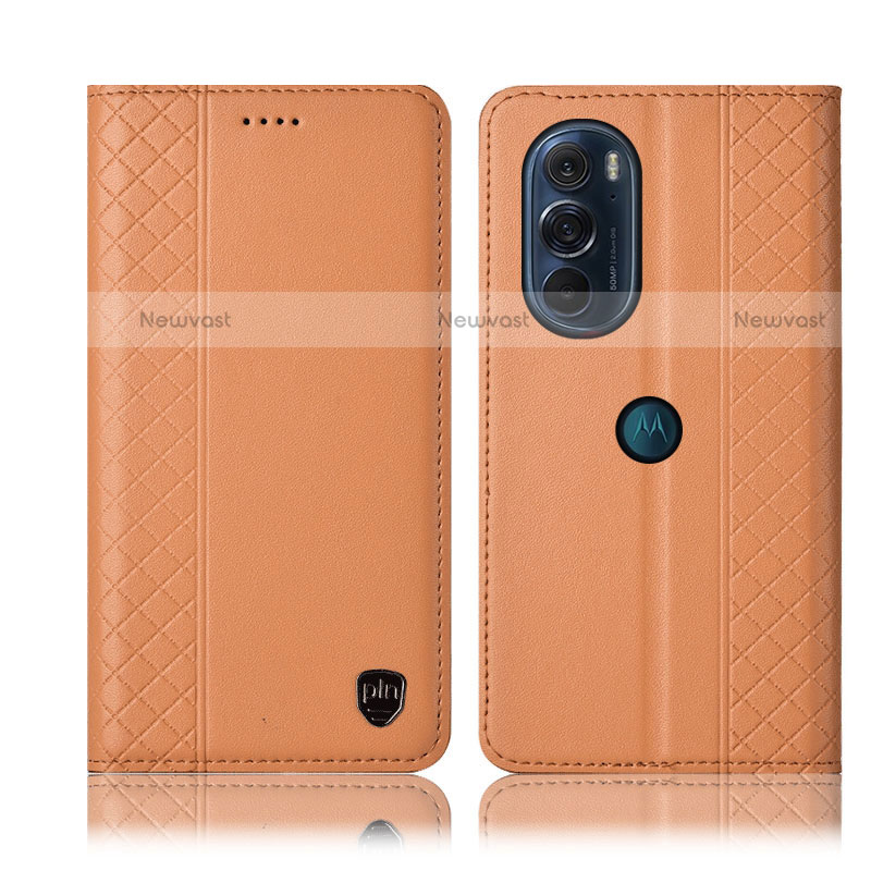 Leather Case Stands Flip Cover Holder H11P for Motorola Moto Edge 30 Pro 5G Orange
