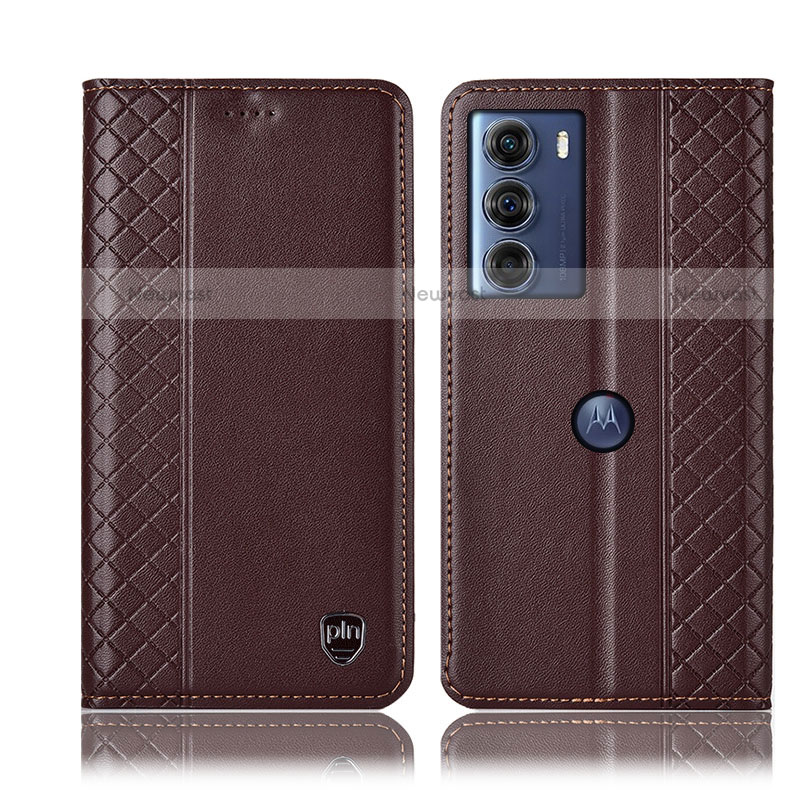 Leather Case Stands Flip Cover Holder H11P for Motorola Moto G200 5G Brown