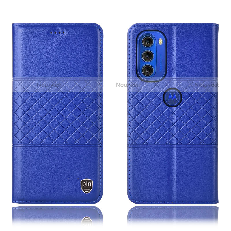 Leather Case Stands Flip Cover Holder H11P for Motorola Moto G51 5G Blue