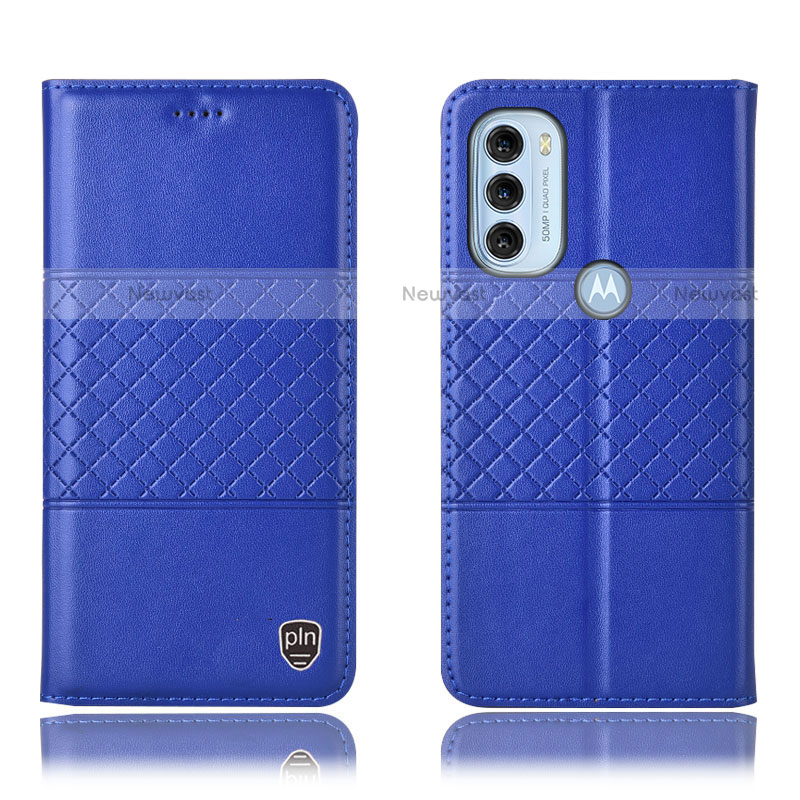Leather Case Stands Flip Cover Holder H11P for Motorola Moto G71 5G Blue