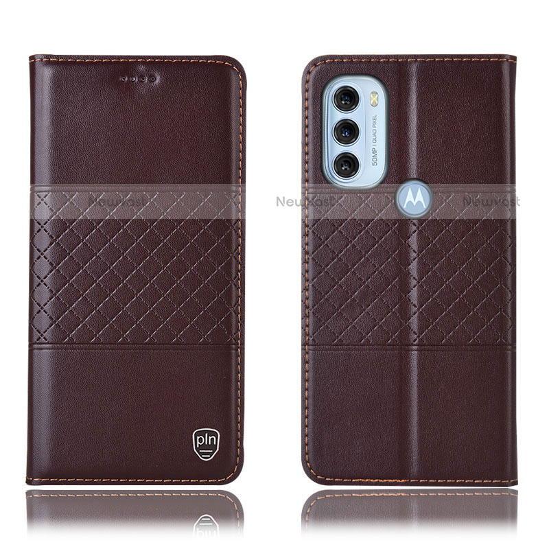 Leather Case Stands Flip Cover Holder H11P for Motorola Moto G71 5G Brown