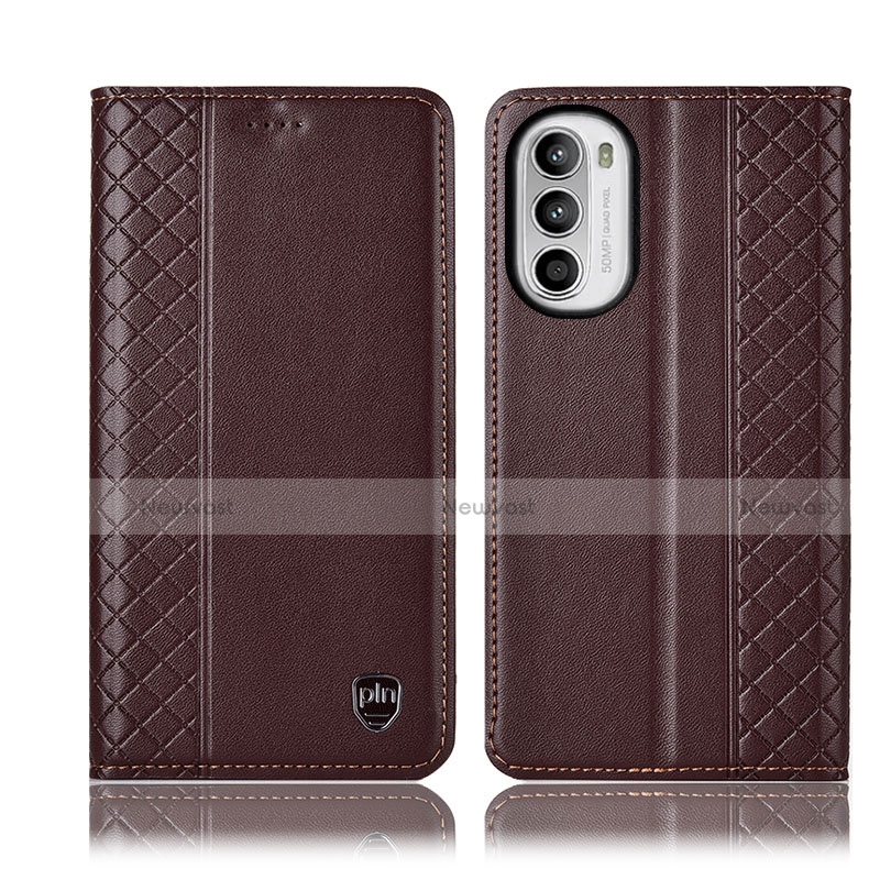 Leather Case Stands Flip Cover Holder H11P for Motorola Moto G71s 5G Brown