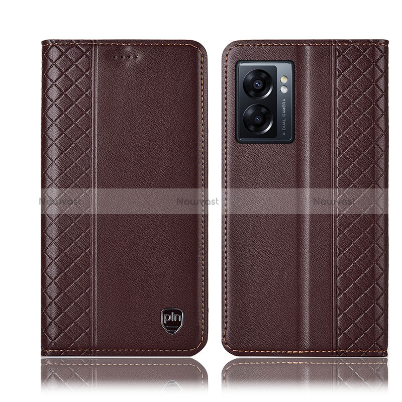 Leather Case Stands Flip Cover Holder H11P for Oppo A56S 5G Brown