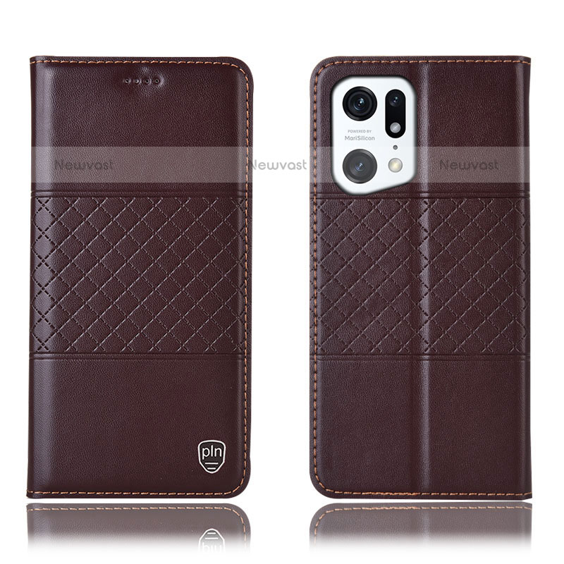 Leather Case Stands Flip Cover Holder H11P for Oppo Find X5 Pro 5G Brown