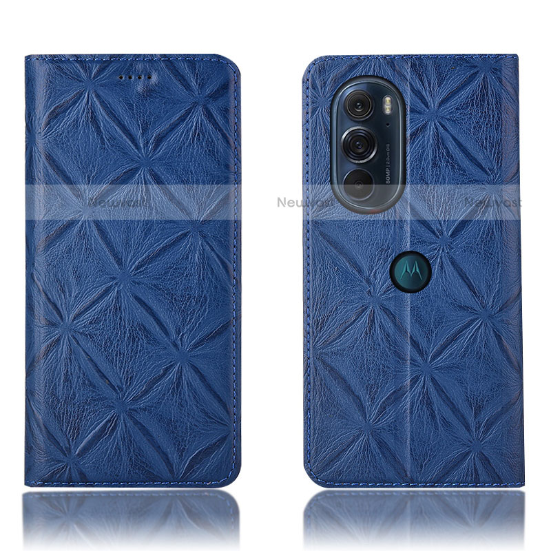 Leather Case Stands Flip Cover Holder H15P for Motorola Moto Edge Plus (2022) 5G Blue
