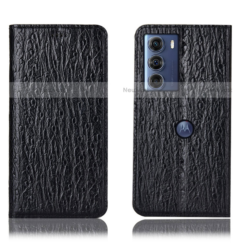 Leather Case Stands Flip Cover Holder H15P for Motorola Moto G200 5G Black