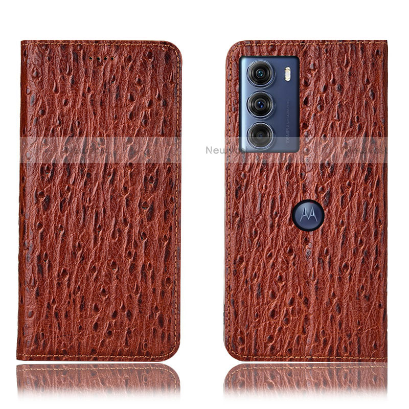 Leather Case Stands Flip Cover Holder H15P for Motorola Moto G200 5G Brown