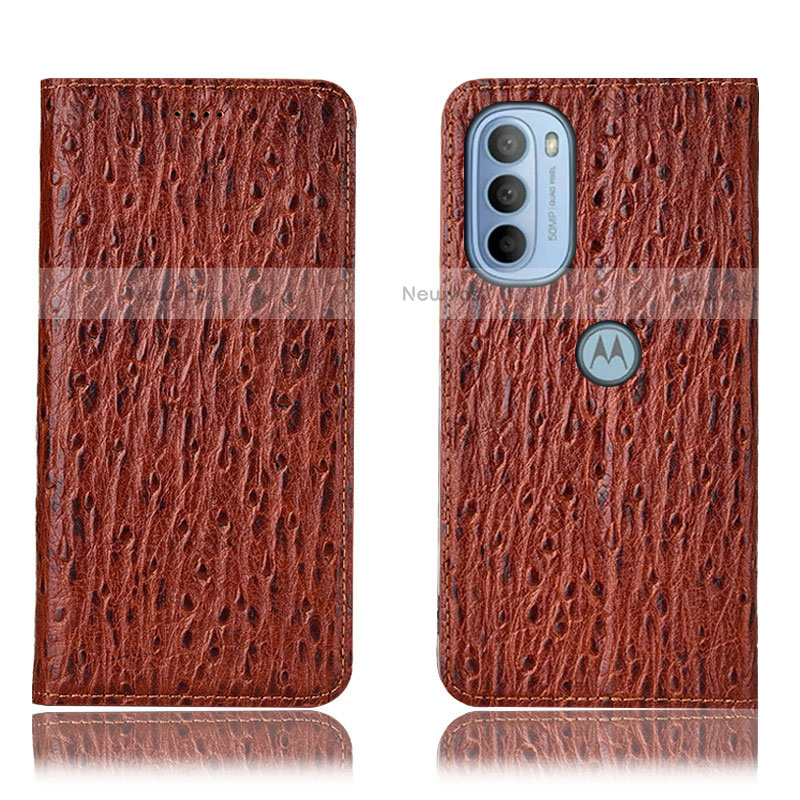 Leather Case Stands Flip Cover Holder H15P for Motorola Moto G31 Brown