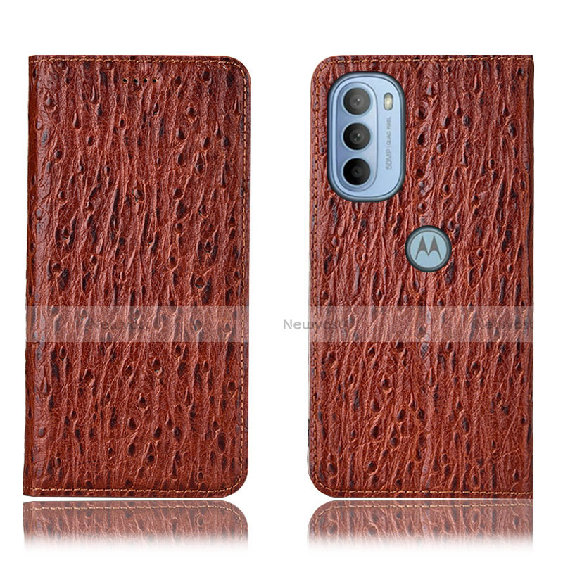 Leather Case Stands Flip Cover Holder H15P for Motorola Moto G41 Brown