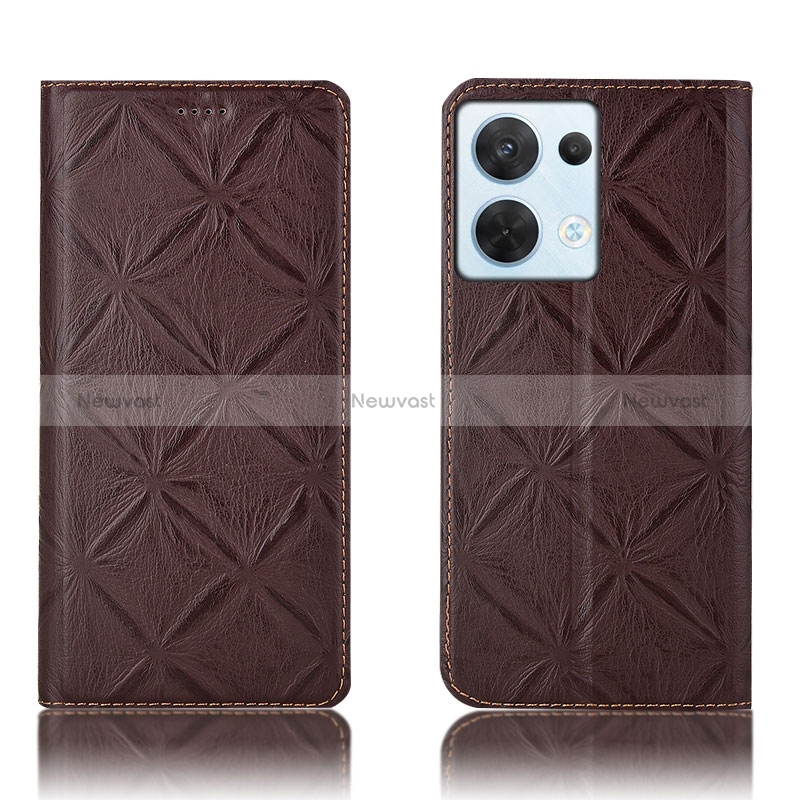 Leather Case Stands Flip Cover Holder H15P for Oppo Reno9 5G Brown