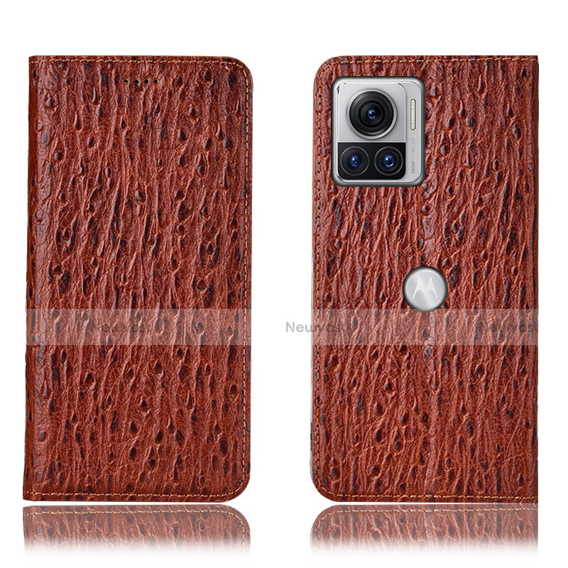 Leather Case Stands Flip Cover Holder H16P for Motorola Moto Edge X30 Pro 5G Brown