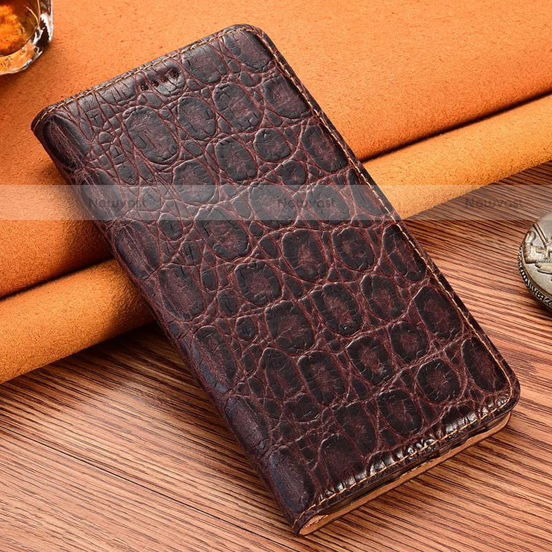 Leather Case Stands Flip Cover Holder H16P for Motorola Moto G100 5G Brown