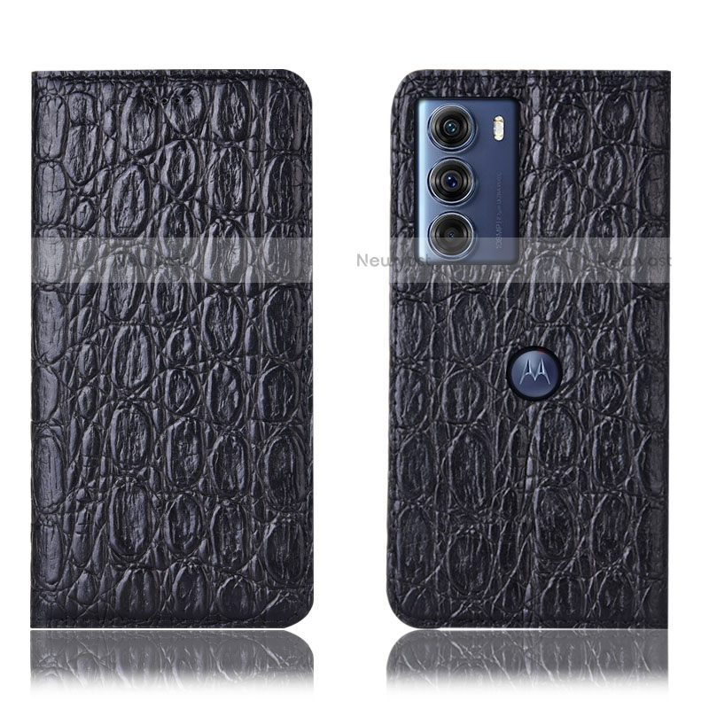 Leather Case Stands Flip Cover Holder H16P for Motorola Moto G200 5G Black