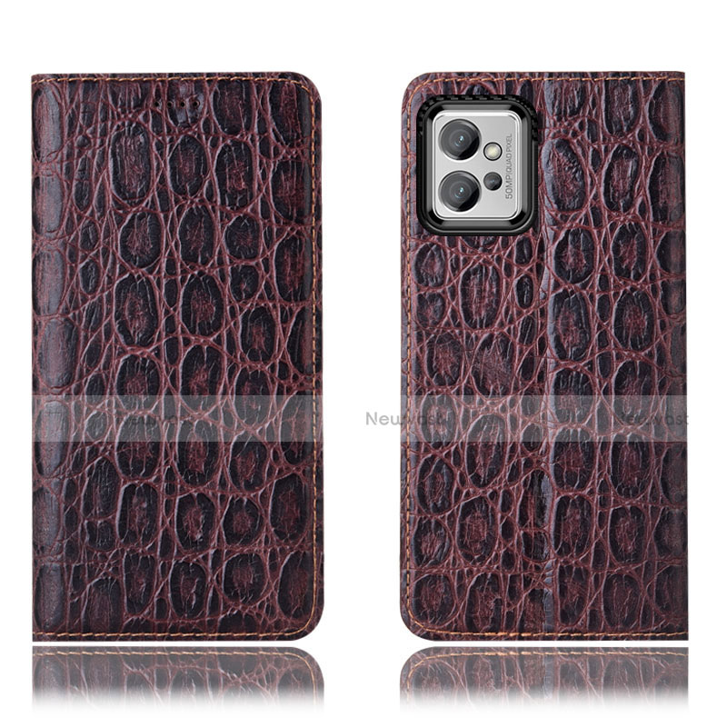 Leather Case Stands Flip Cover Holder H16P for Motorola Moto G32 Brown