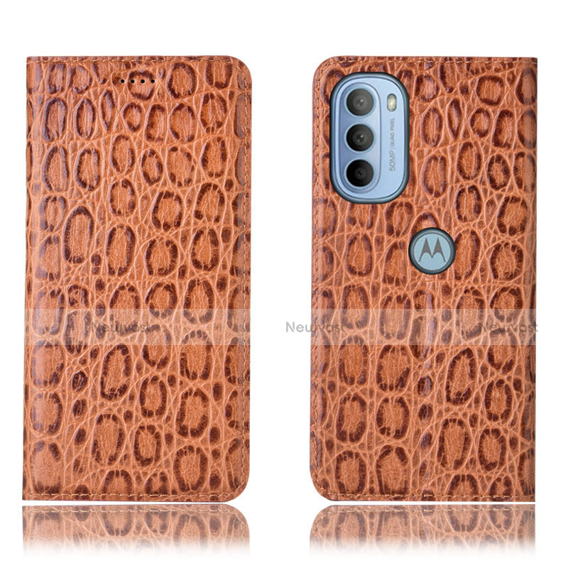 Leather Case Stands Flip Cover Holder H16P for Motorola Moto G41 Light Brown