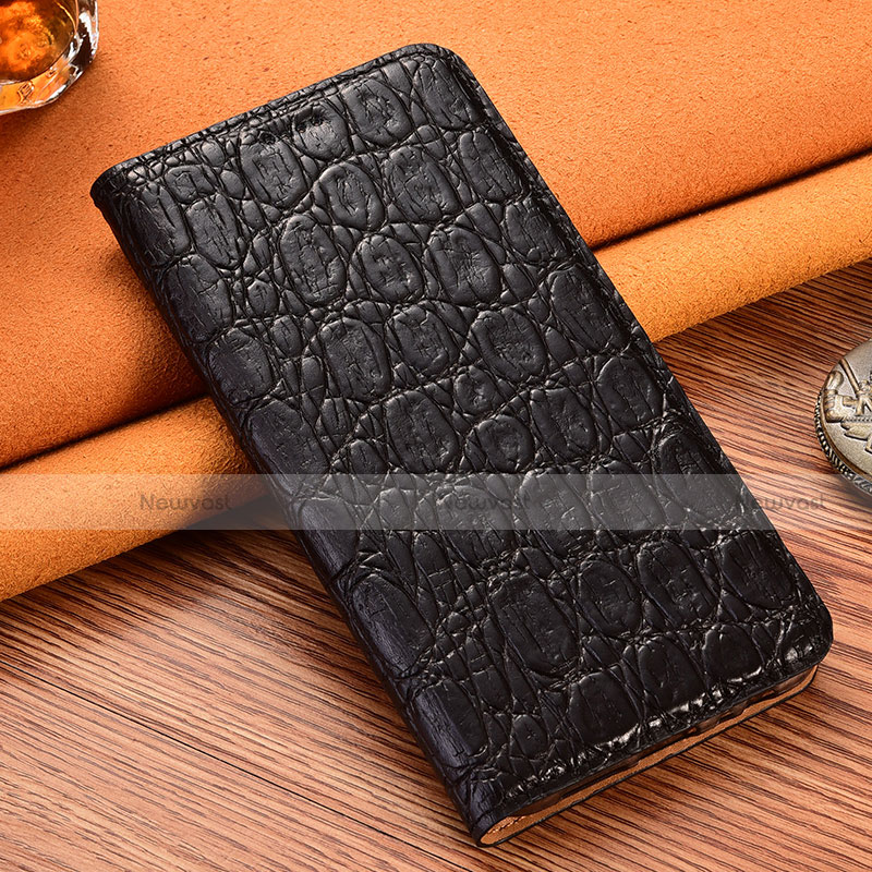 Leather Case Stands Flip Cover Holder H16P for Motorola Moto G60 Black