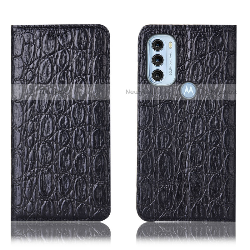 Leather Case Stands Flip Cover Holder H16P for Motorola Moto G71 5G Black