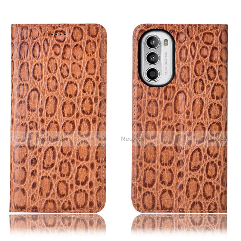 Leather Case Stands Flip Cover Holder H16P for Motorola Moto G71s 5G Light Brown