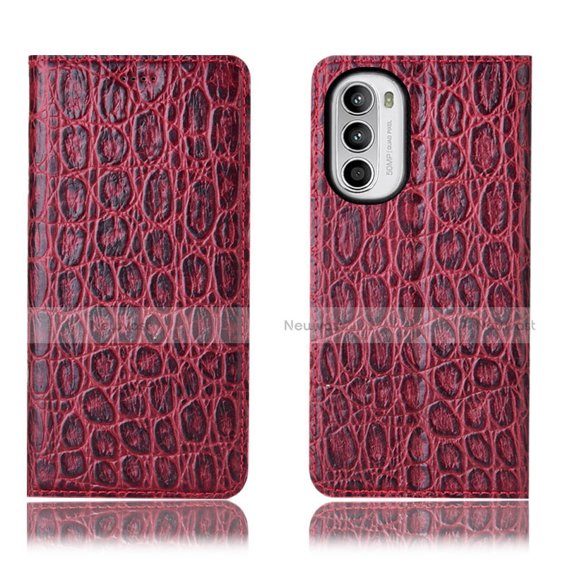 Leather Case Stands Flip Cover Holder H16P for Motorola Moto G82 5G Red