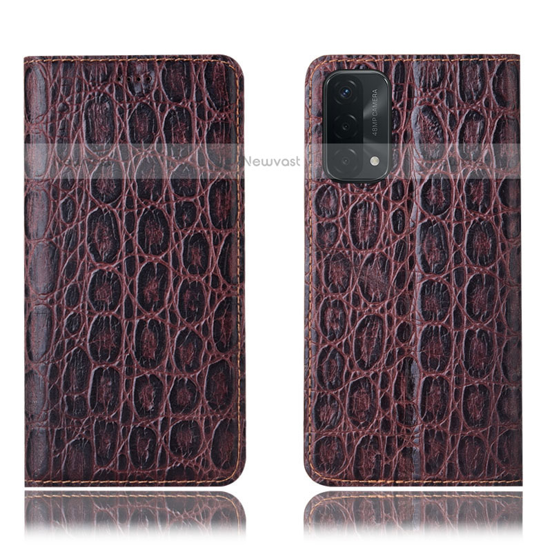Leather Case Stands Flip Cover Holder H16P for OnePlus Nord N200 5G Brown