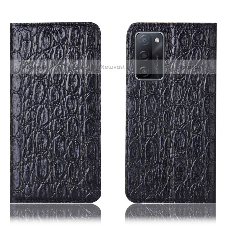 Leather Case Stands Flip Cover Holder H16P for Oppo A55S 5G Black