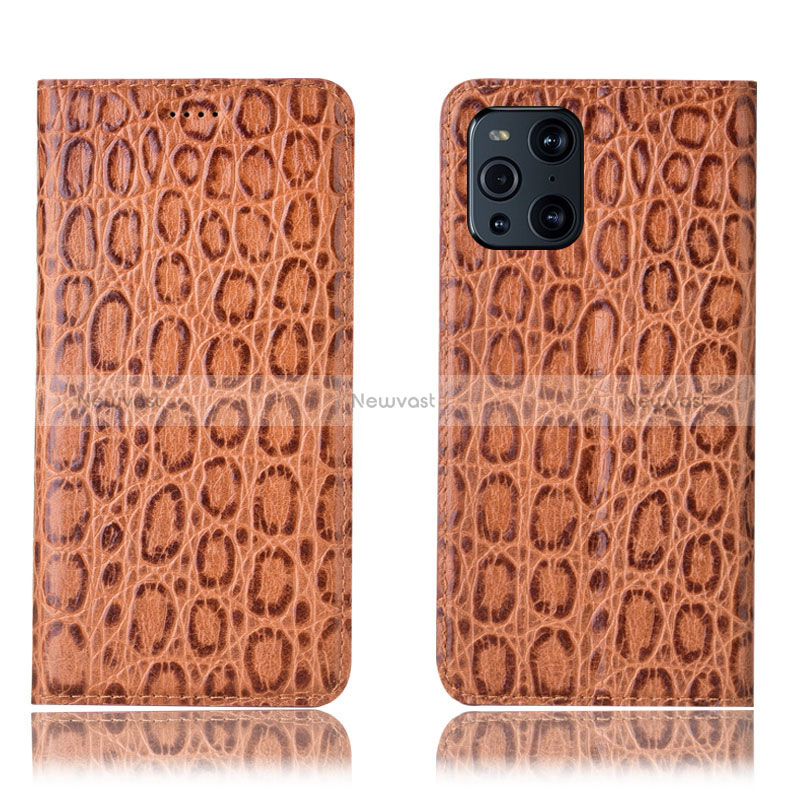 Leather Case Stands Flip Cover Holder H16P for Oppo Find X3 5G Light Brown
