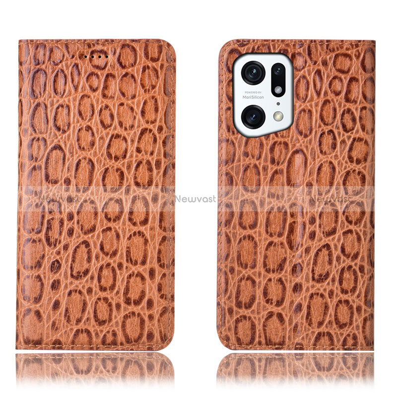Leather Case Stands Flip Cover Holder H16P for Oppo Find X5 5G Light Brown