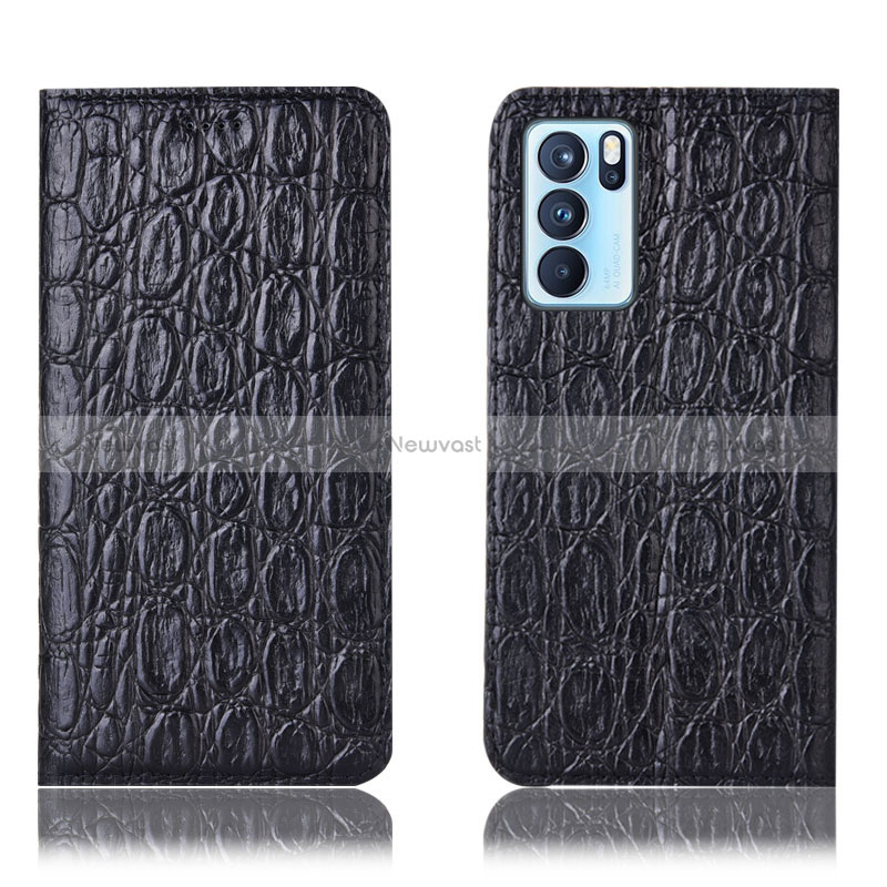 Leather Case Stands Flip Cover Holder H16P for Oppo Reno6 Pro 5G India Black