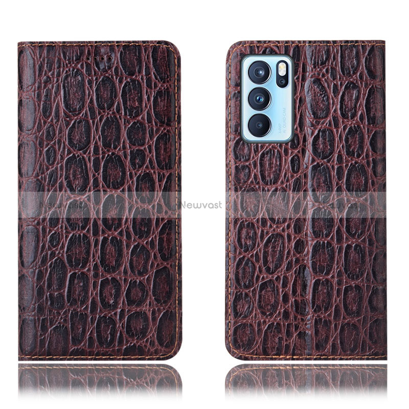 Leather Case Stands Flip Cover Holder H16P for Oppo Reno6 Pro 5G India Brown