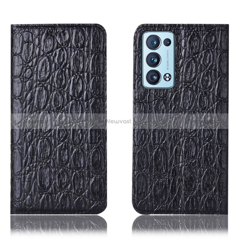 Leather Case Stands Flip Cover Holder H16P for Oppo Reno6 Pro+ Plus 5G Black