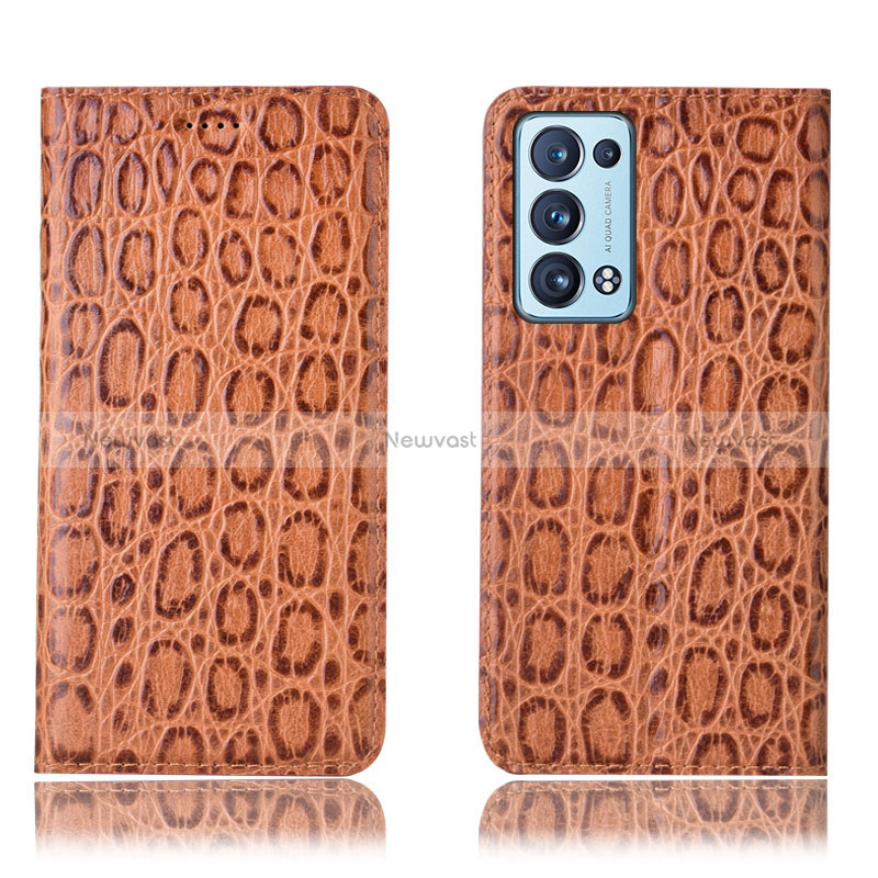 Leather Case Stands Flip Cover Holder H16P for Oppo Reno6 Pro+ Plus 5G Light Brown