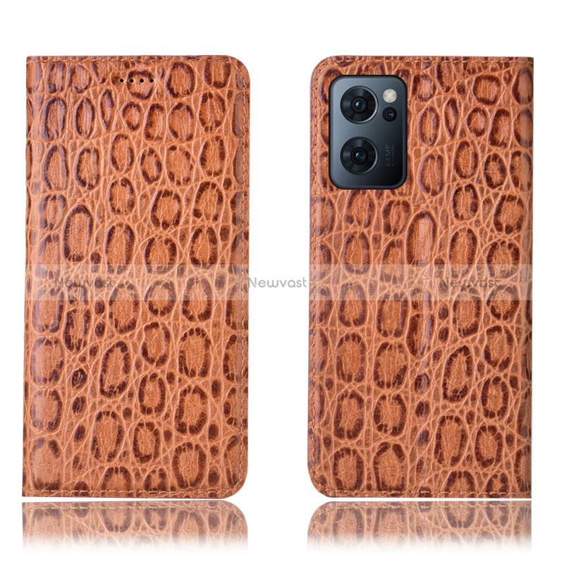 Leather Case Stands Flip Cover Holder H16P for Oppo Reno7 5G Light Brown