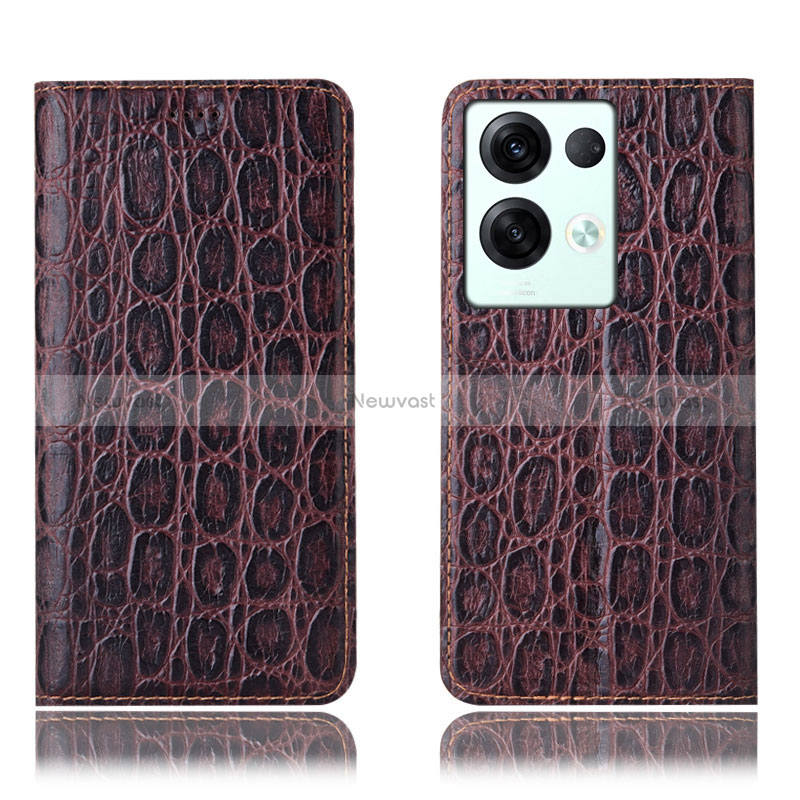Leather Case Stands Flip Cover Holder H16P for Oppo Reno8 Pro 5G Brown
