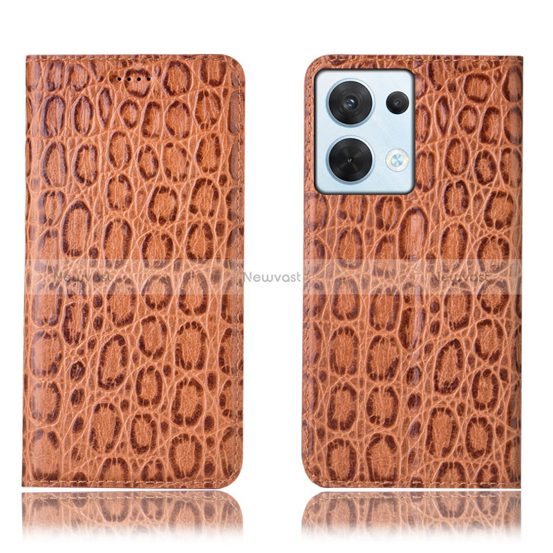 Leather Case Stands Flip Cover Holder H16P for Oppo Reno9 Pro 5G Light Brown