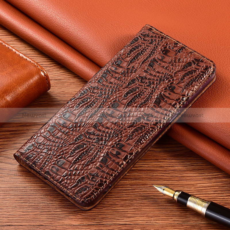 Leather Case Stands Flip Cover Holder H17P for Apple iPhone 12 Pro Brown