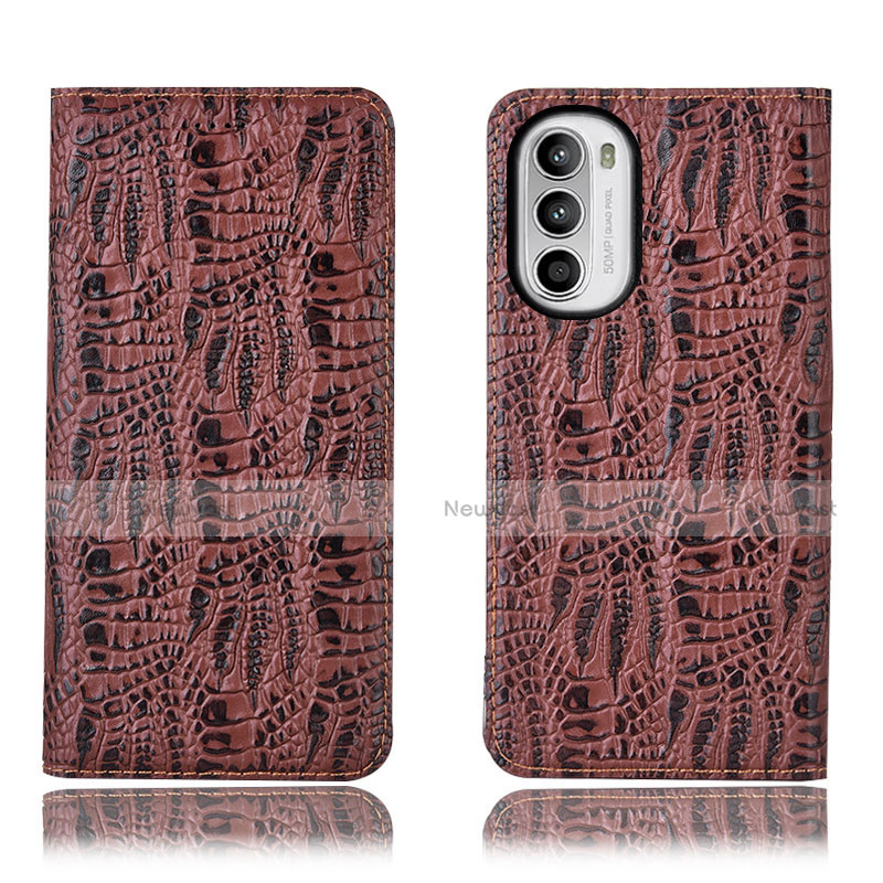 Leather Case Stands Flip Cover Holder H17P for Motorola Moto G71s 5G Brown