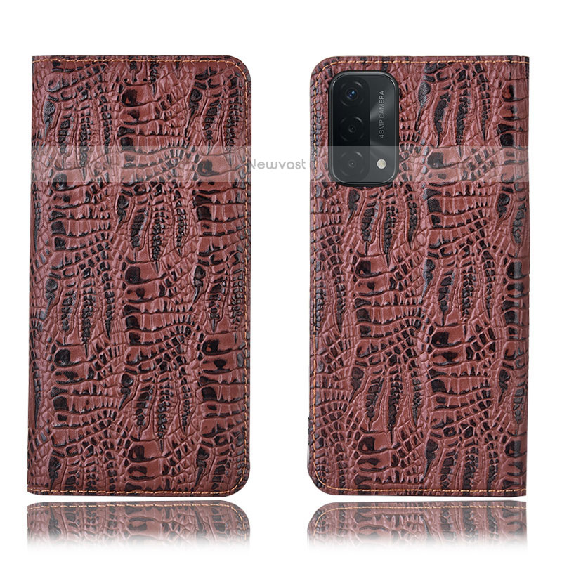 Leather Case Stands Flip Cover Holder H17P for OnePlus Nord N200 5G Brown