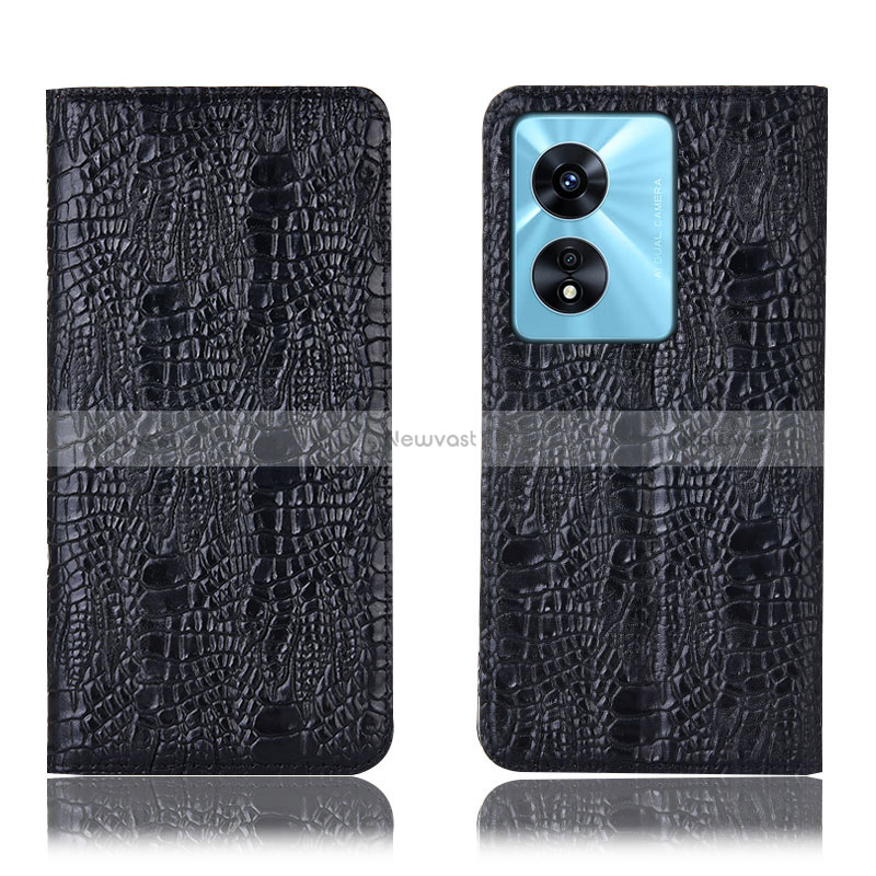 Leather Case Stands Flip Cover Holder H17P for Oppo A58 5G Black