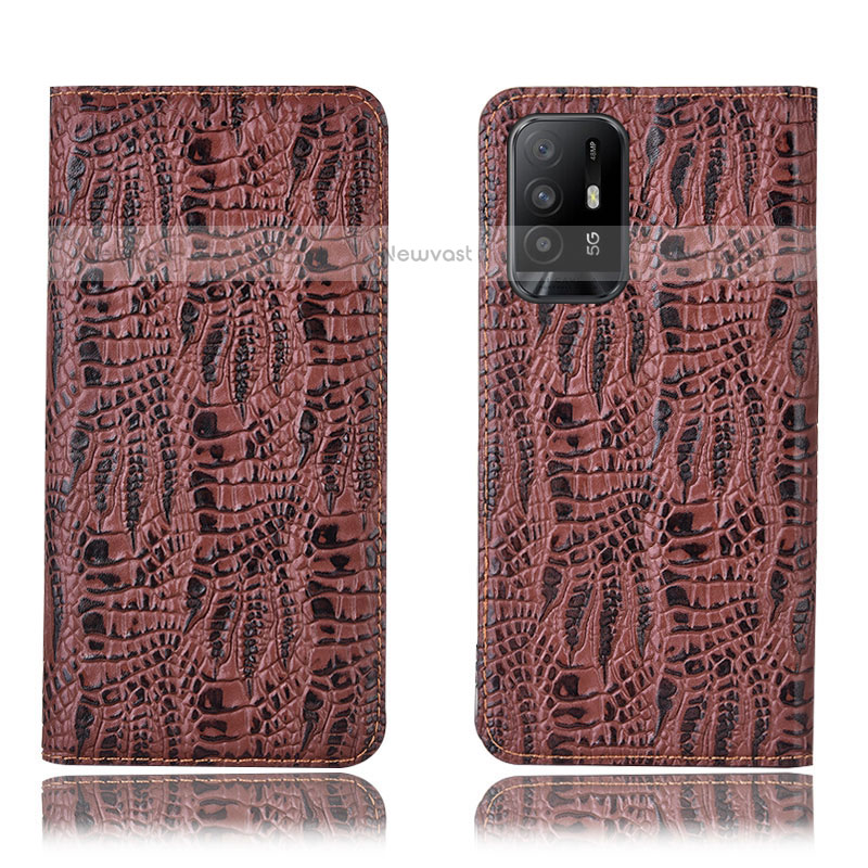 Leather Case Stands Flip Cover Holder H17P for Oppo F19 Pro+ Plus 5G Brown