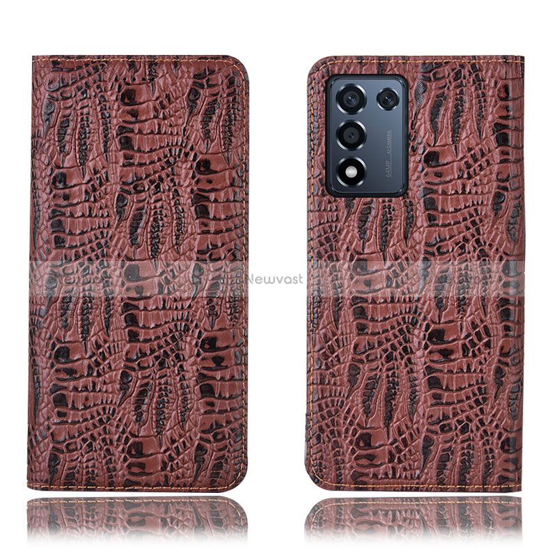 Leather Case Stands Flip Cover Holder H17P for Oppo K9S 5G Brown