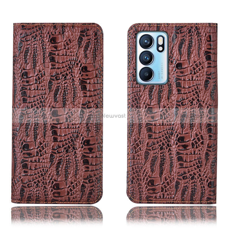 Leather Case Stands Flip Cover Holder H17P for Oppo Reno6 5G Brown