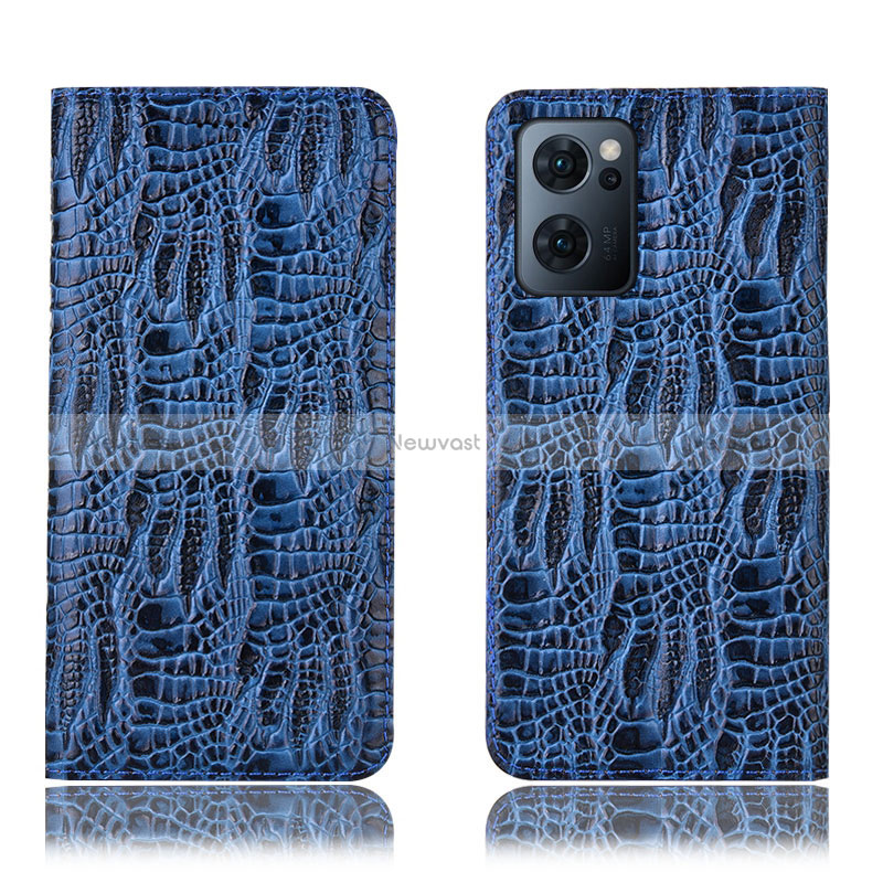 Leather Case Stands Flip Cover Holder H17P for Oppo Reno7 5G Blue