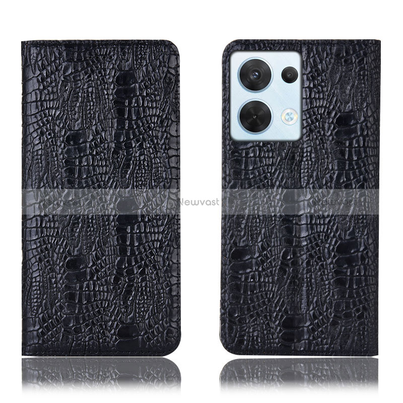 Leather Case Stands Flip Cover Holder H17P for Oppo Reno9 Pro 5G Black