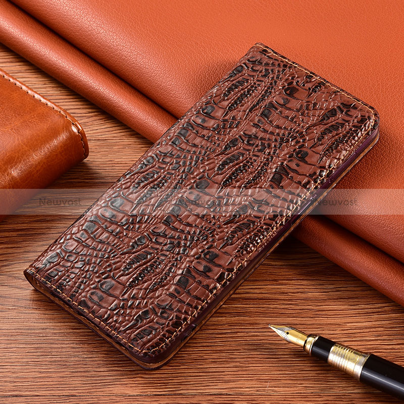 Leather Case Stands Flip Cover Holder H17P for Samsung Galaxy M21s Brown